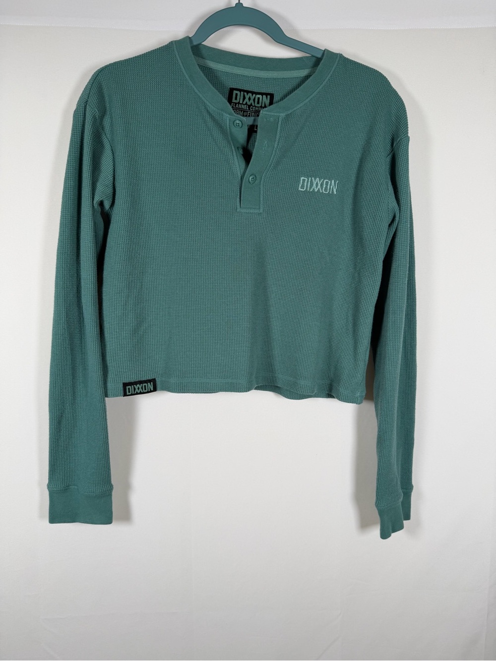 DIXXON Teal Long-Sleeve Waffle Henley Crop Top